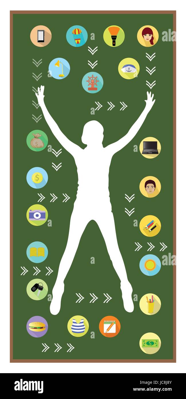 L uomo e la tecnologia. Su sfondo bianco. La ragazza si stagliano. Logo su una scheda verde dello sfondo. Icone: laptop, torcia, fotocamera . Illustrazione Vettoriale