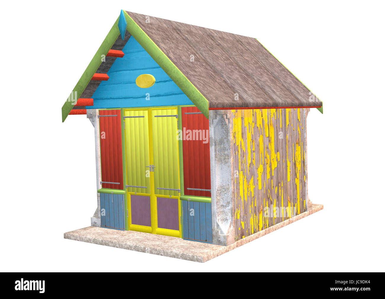 3D render digitale di un legno colorato beach hut isolati su sfondo bianco Foto Stock