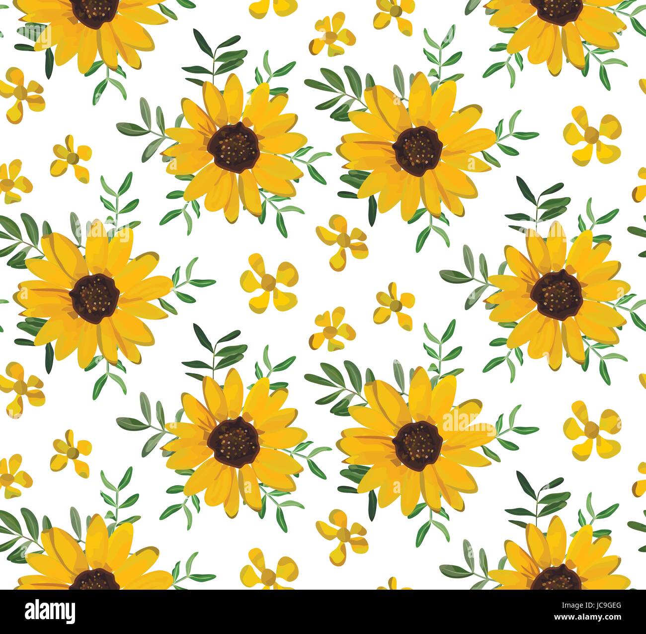 Vintage giallo girasole piccolo bellissimo soft fiori, foglie di sfondo senza giunture, carta da parati floreale botanico design illustrazione ad acquerello per textil Illustrazione Vettoriale