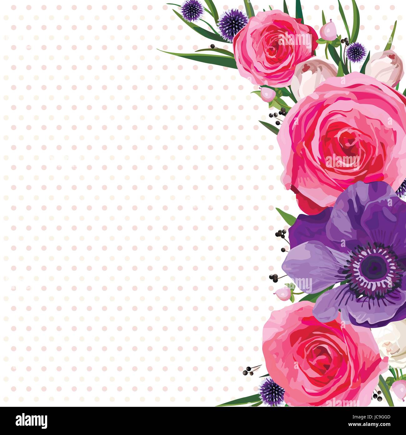 Fiore fiori luminosi hot rosa rosa Anemone thistle Agonis lascia bella bella primavera estate bouquet illustrazione vettoriale.vista superiore square elegante w Illustrazione Vettoriale