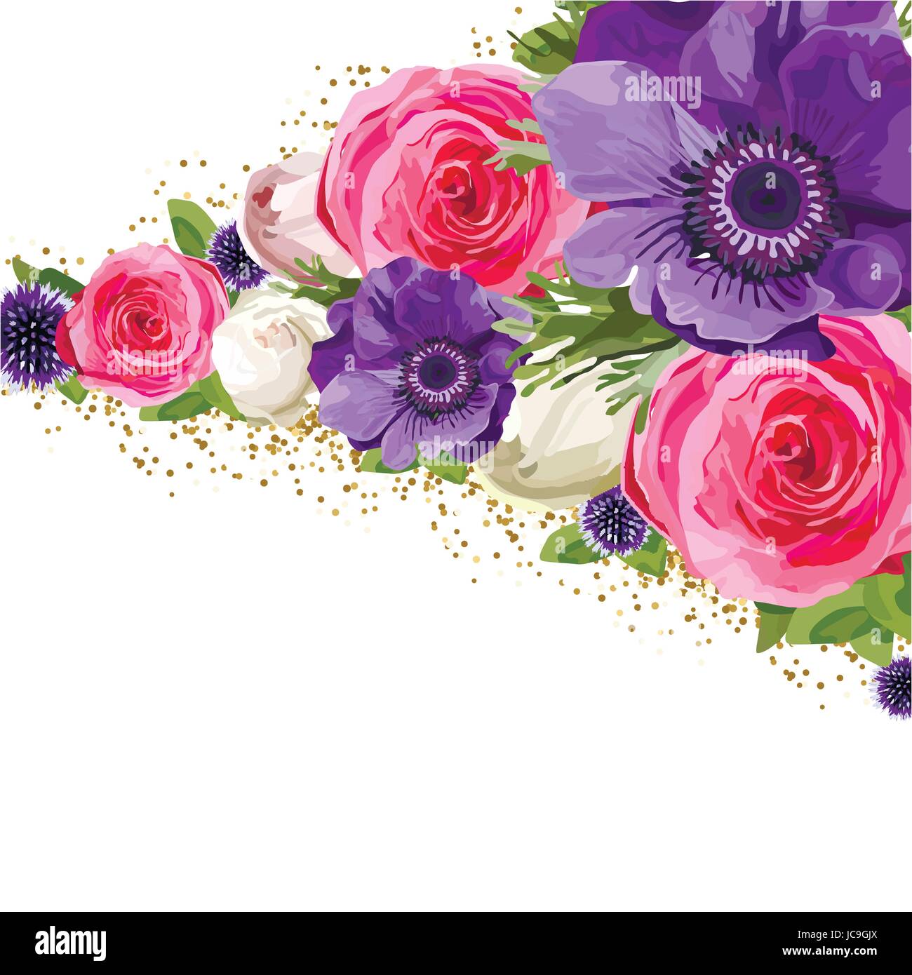 Fiore fiori luminosi hot rosa rosa Anemone Thistle lascia bella bella primavera estate bouquet illustrazione vettoriale.Vista dall'alto piazza watercol elegante Illustrazione Vettoriale