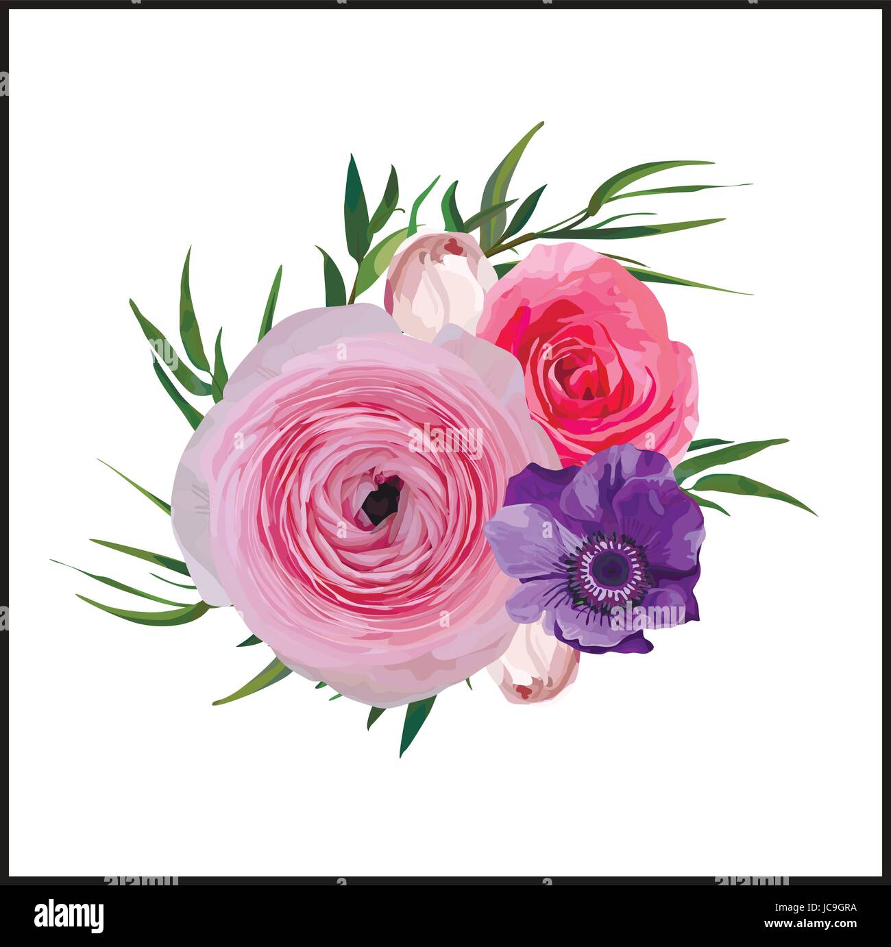 Floreale di fiori rosa Vintage giardino di rose fiori Ranunculus pulsanti Anemone, Agonis belle foglie decorative pattern bouquet decotative Sfondo elemento Illustrazione Vettoriale