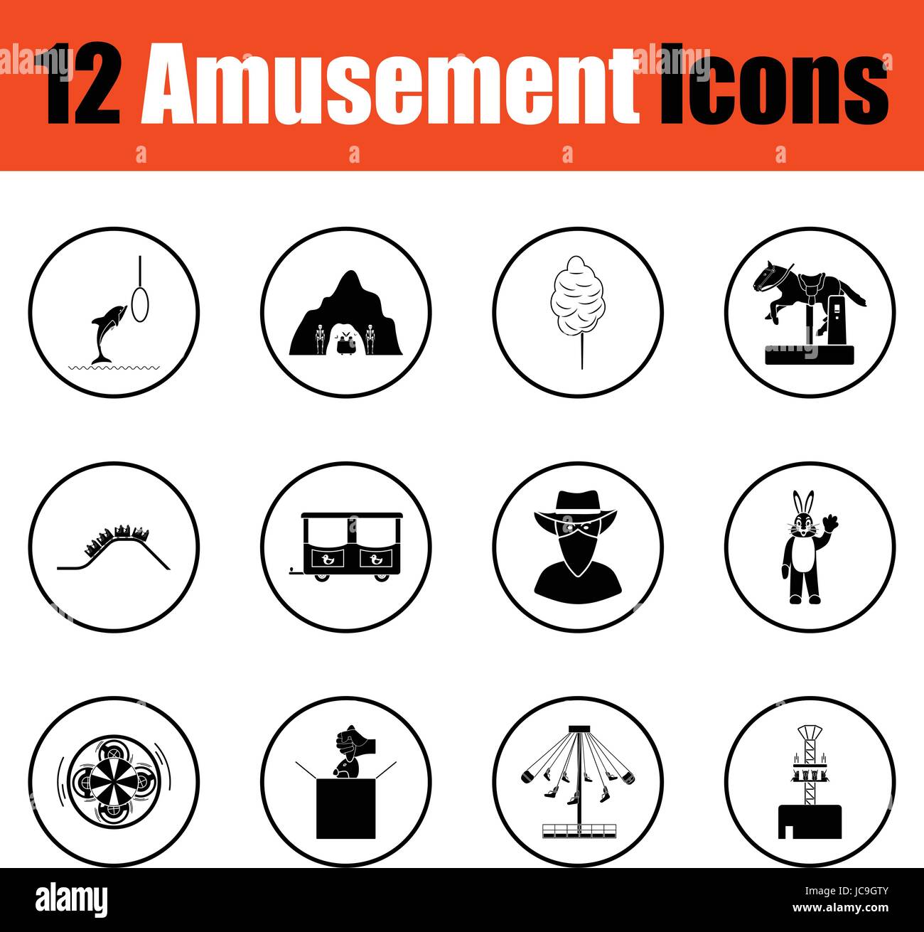 Parco dei divertimenti di icon set. Cerchio sottile design. Illustrazione Vettoriale. Illustrazione Vettoriale