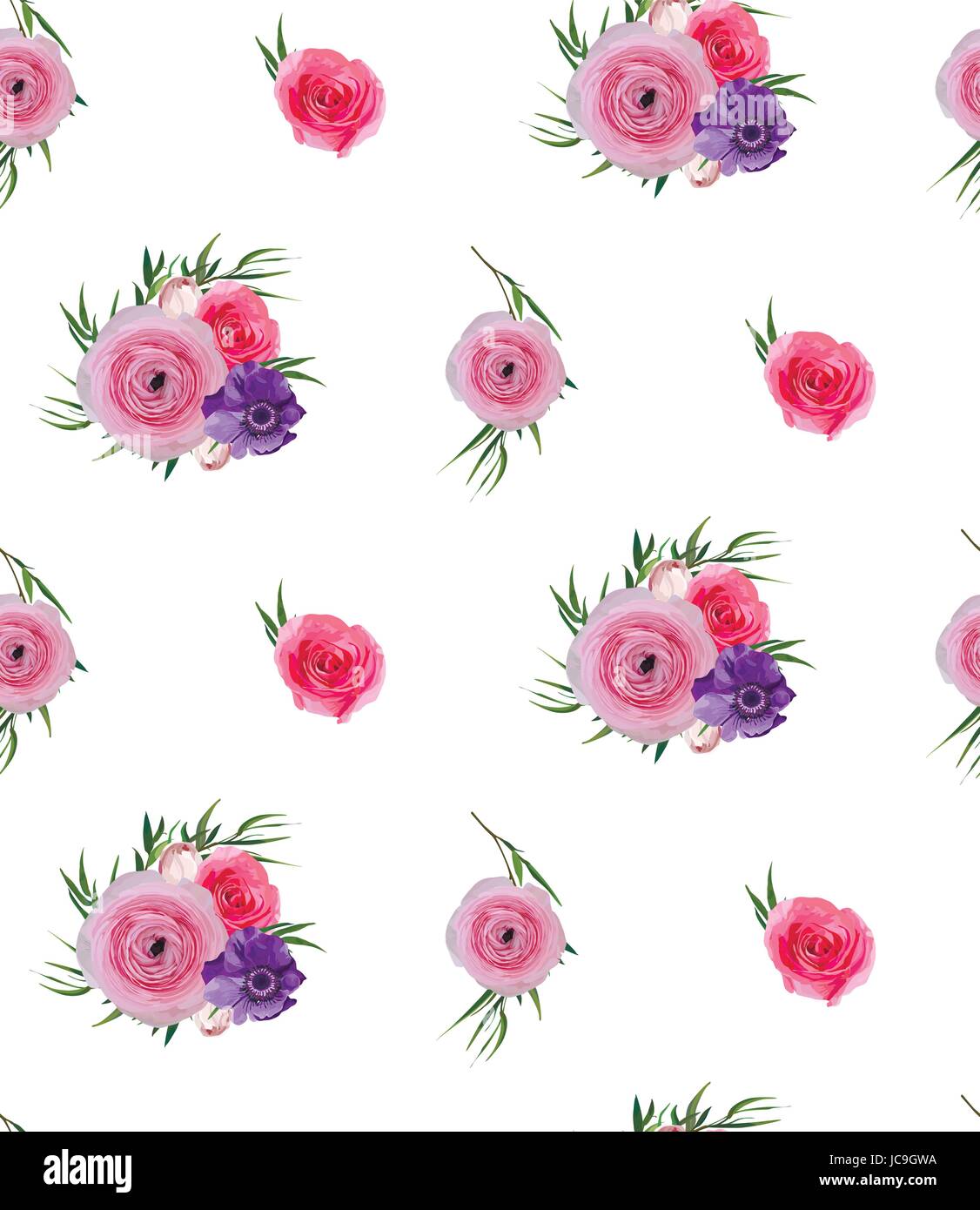 Floreale di fiori rosa Vintage giardino di rose fiori Ranunculus pulsanti Anemone, Agonis belle foglie decorative bouquet seamless pattern come sfondo Illustrazione Vettoriale