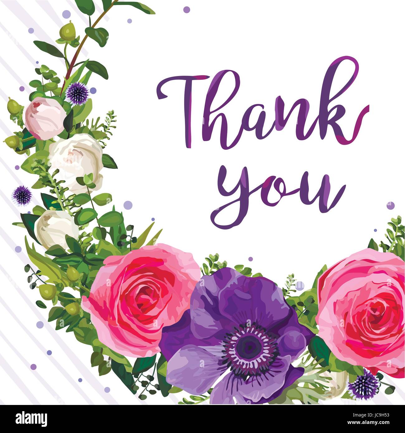 Ghirlanda di fiori rosa rosa viola Anemone thistle lascia bella primavera estate bouquet illustrazione vettoriale top view square elegante disegno ad acquerello gr Illustrazione Vettoriale