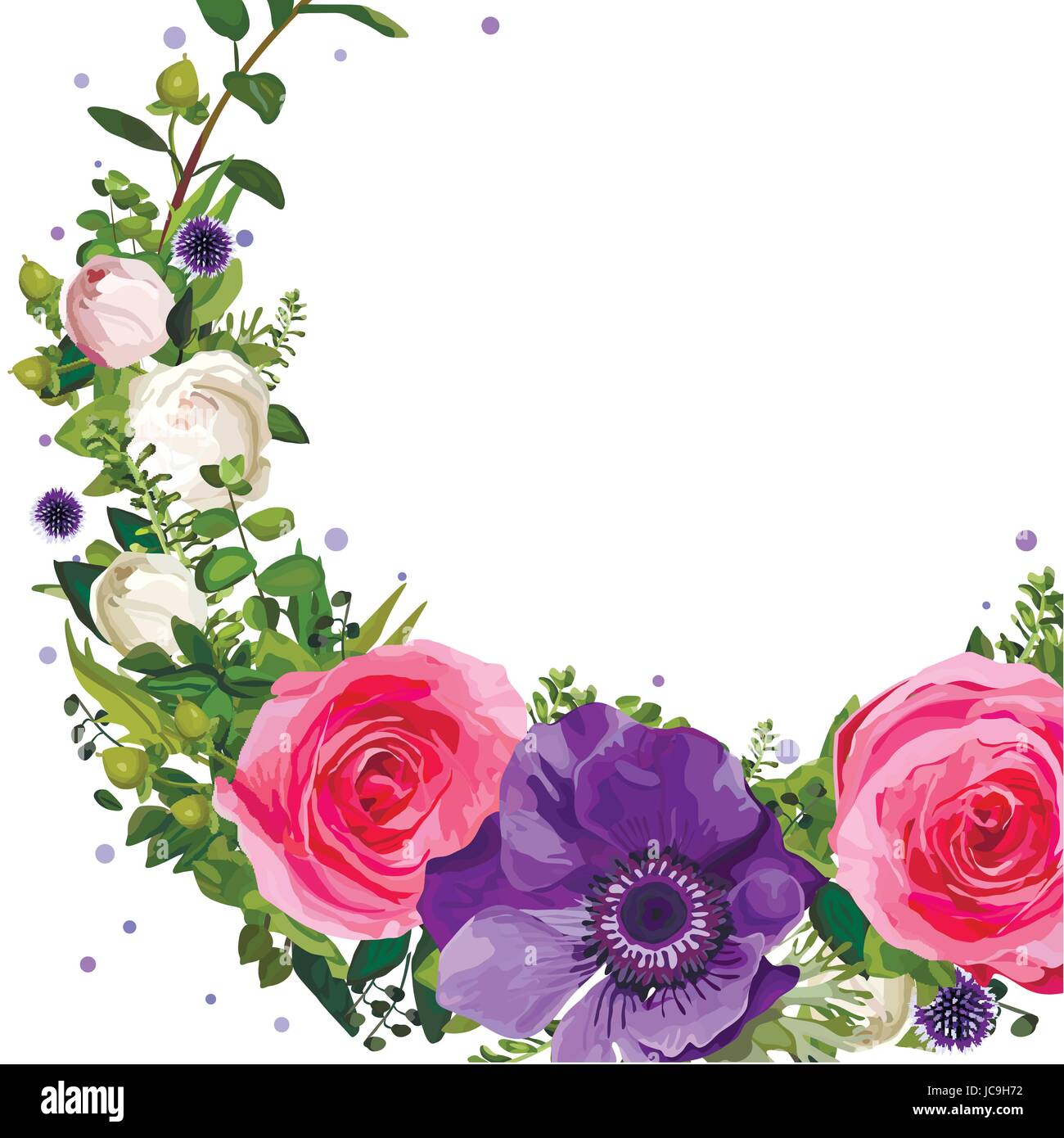 Ghirlanda di fiori Anemone rosa rosa thistle lascia bella bella primavera estate bouquet illustrazione vettoriale top view square elegante disegno ad acquerello gr Illustrazione Vettoriale