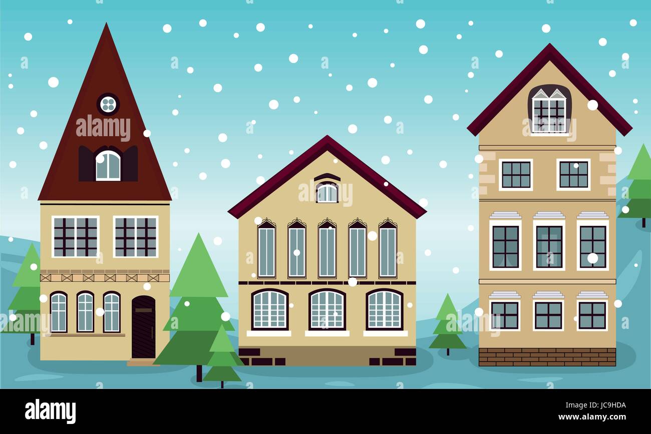 Casa case edifici vecchi Vienna Austria facciata architettura neve invernale paesaggio con alberi di Natale la neve. Vector closeup bella vista frontale il Illustrazione Vettoriale