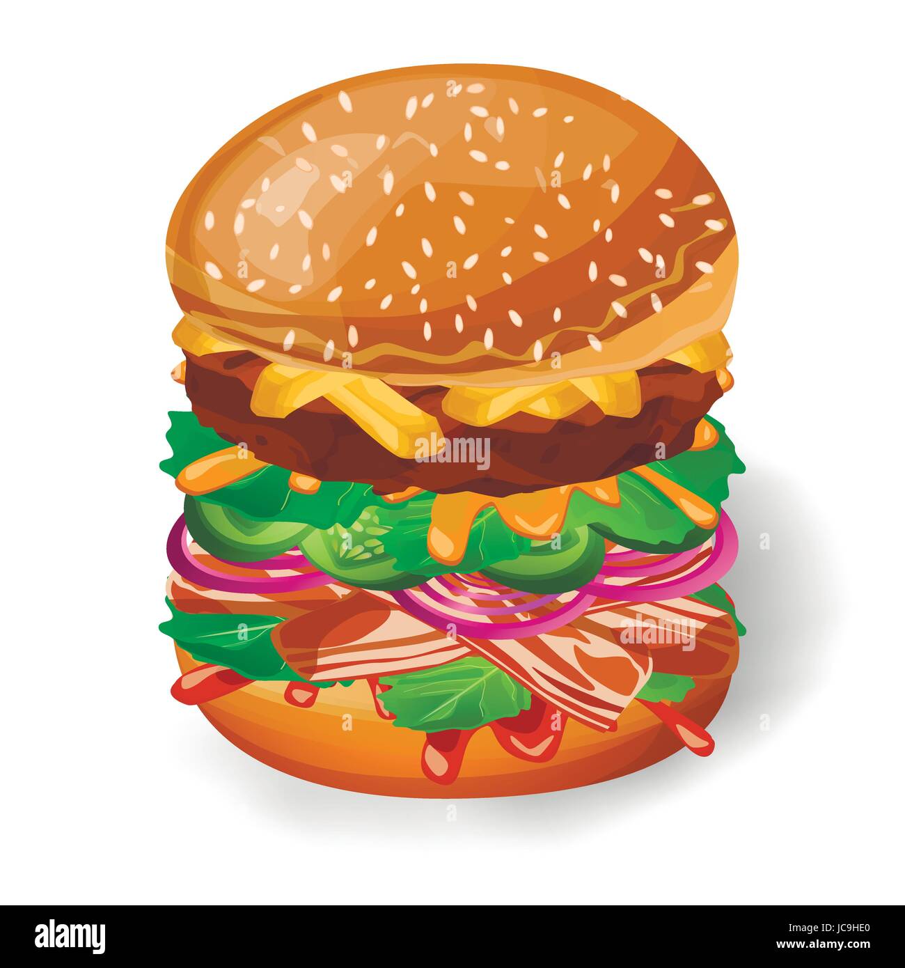 Burger freschi gustose grigliate di carni bovine cotoletta bacon foglia di lattuga insalata di patate fritte cetriolo cipolla senape salsa di pomodoro in rosy bun di sesamo. Vettore c verticale Illustrazione Vettoriale