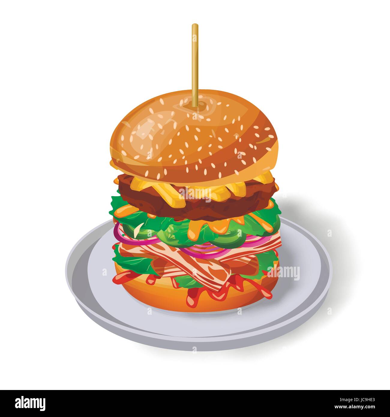 Spiedino di hamburger sulla piastra: fresco gustose grigliate di carni bovine cotoletta bacon lattuga patatine fritte cetriolo cipolla senape salsa di pomodoro sesame bun. Vector vertica Illustrazione Vettoriale