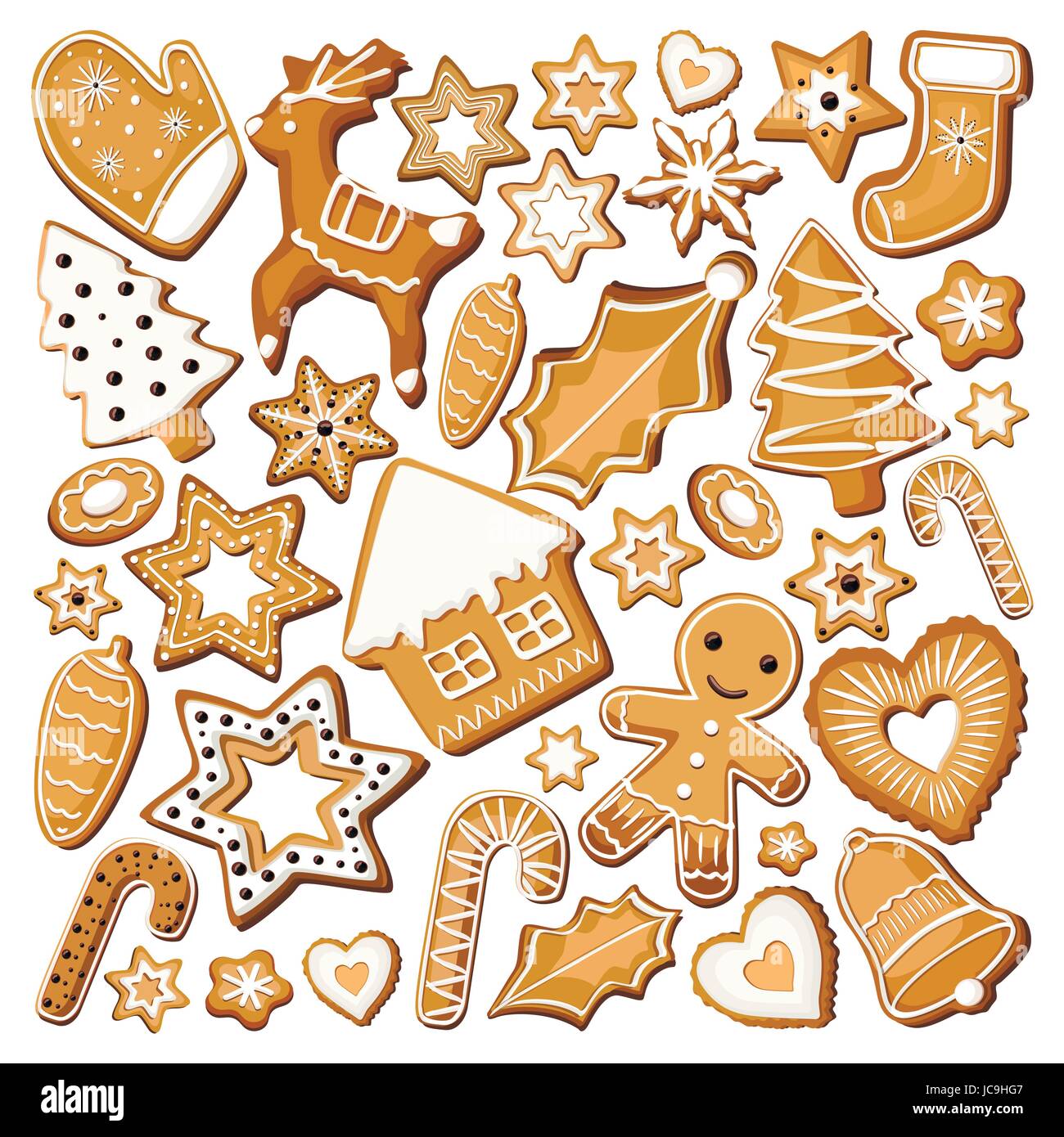 Panpepato biscotti allo zenzero biscotti dolci prodotti Bisquit ( serie diversa impostazione ciliegina xmas vacanze di Natale decor. Vettore piazza bella vista superiore closeup si Illustrazione Vettoriale