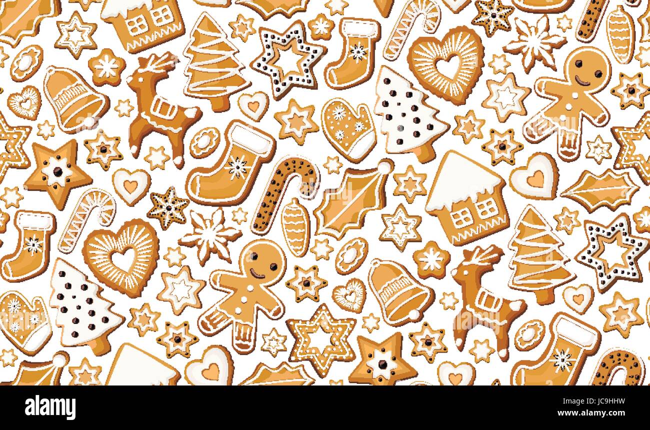Panpepato biscotti allo zenzero biscotti dolci prodotti Bisquit ( serie diversa impostazione di natale vacanze di Natale seamless pattern. Vettore piazza bella vista superiore clos Illustrazione Vettoriale