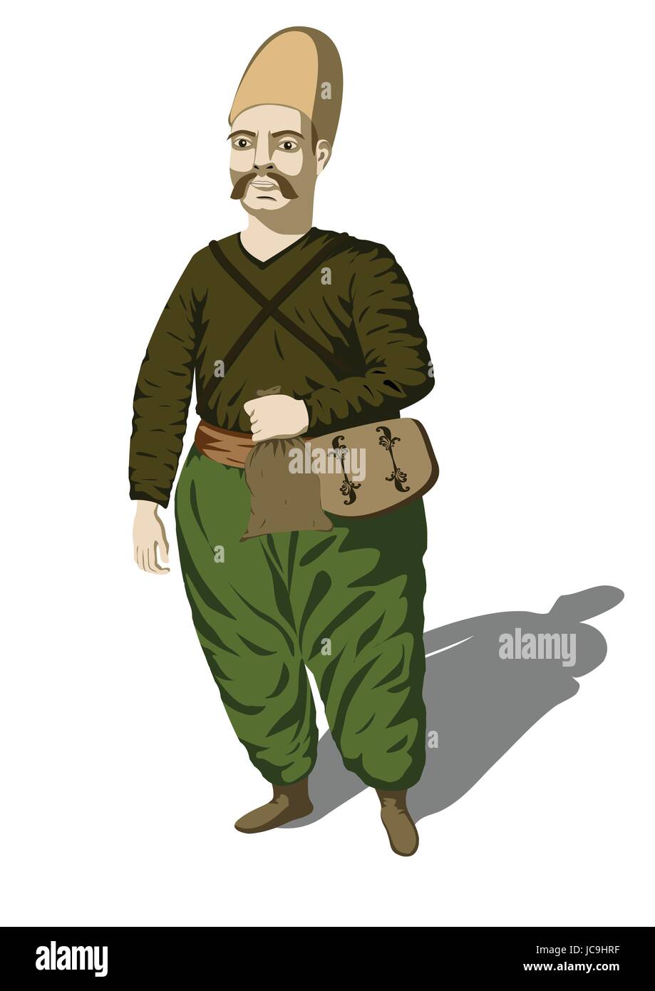 Gli uomini caucasici maschio ottocento persone persona piena lunghezza camicia hat pantalone mercante medioevale con custodia in borsa. Vettore storico splendido closeup Illustrazione Vettoriale