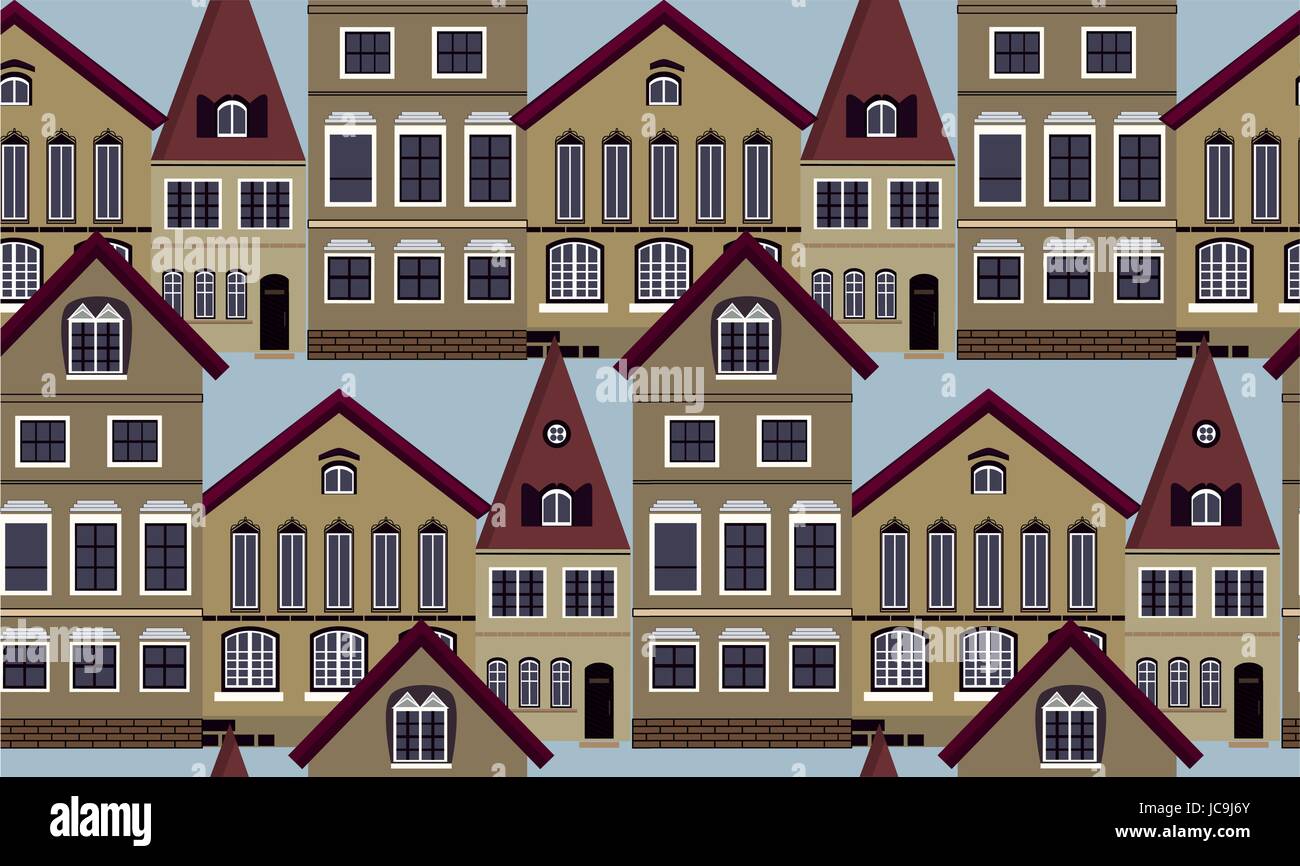 Casa case edificio vecchio Austria Vienna struttura architettura facciata costruzione seamless pattern texture di sfondo. Vettore bella orizzontale f Illustrazione Vettoriale