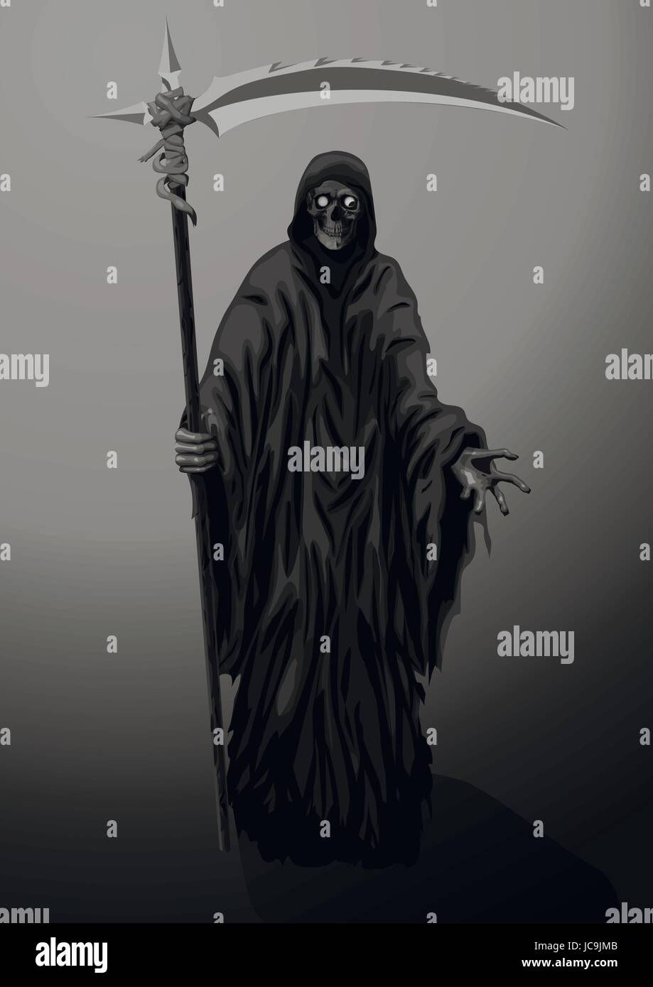 La morte lo scheletro Grim Reaper scytheman con la falce, adatto per la festa di Halloween, logo, segno. Vector closeup nero bianco illustrazione verticale su Illustrazione Vettoriale