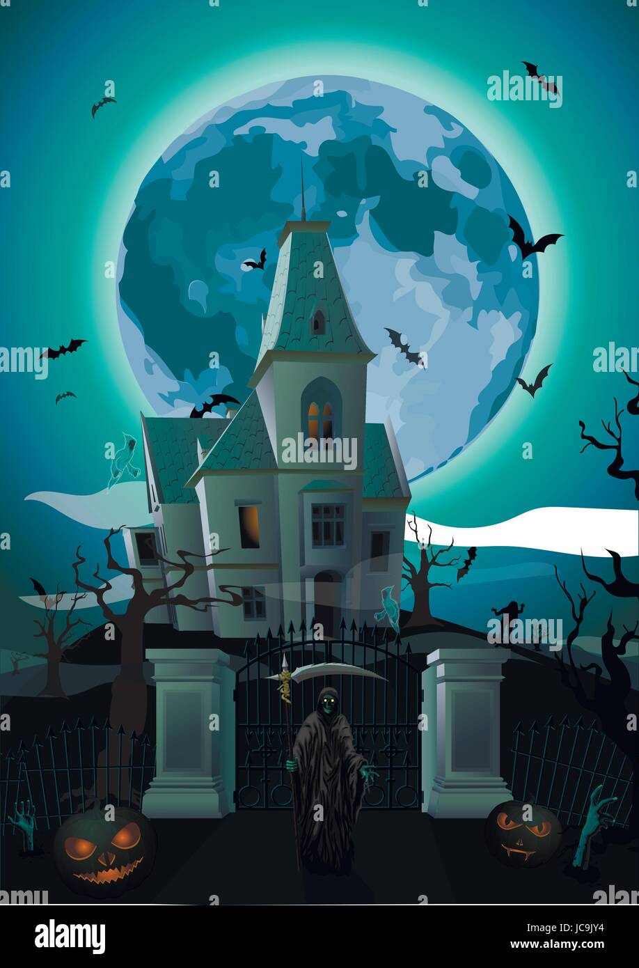 Notte di Halloween: morte scheletro Grim Reaper luna splendido castello chateau pumpkin gohst alberi nero bat. Verticale del vettore closeup vista laterale segno signbo Illustrazione Vettoriale