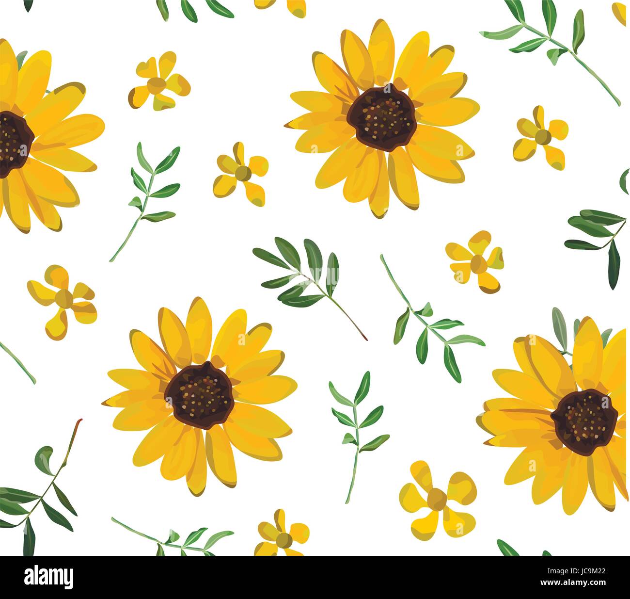 Vintage giallo girasole piccolo bellissimi fiori morbide foglie verdi di sfondo carta da parati senza giunture botanico design floreale acquerello illus Illustrazione Vettoriale