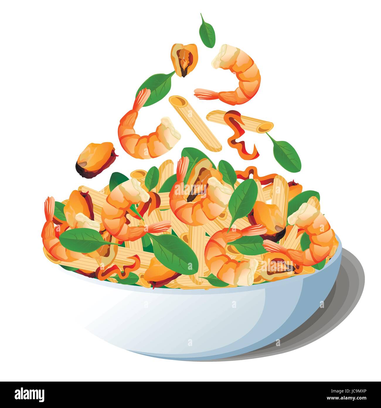 Pasta maccheroni penne con insalata di frutti di mare: i gamberetti o gamberoni, cozze, peperone baby spinaci, aceto nel recipiente. Colore del vettore di close-up vista superiore Illustrazione Vettoriale