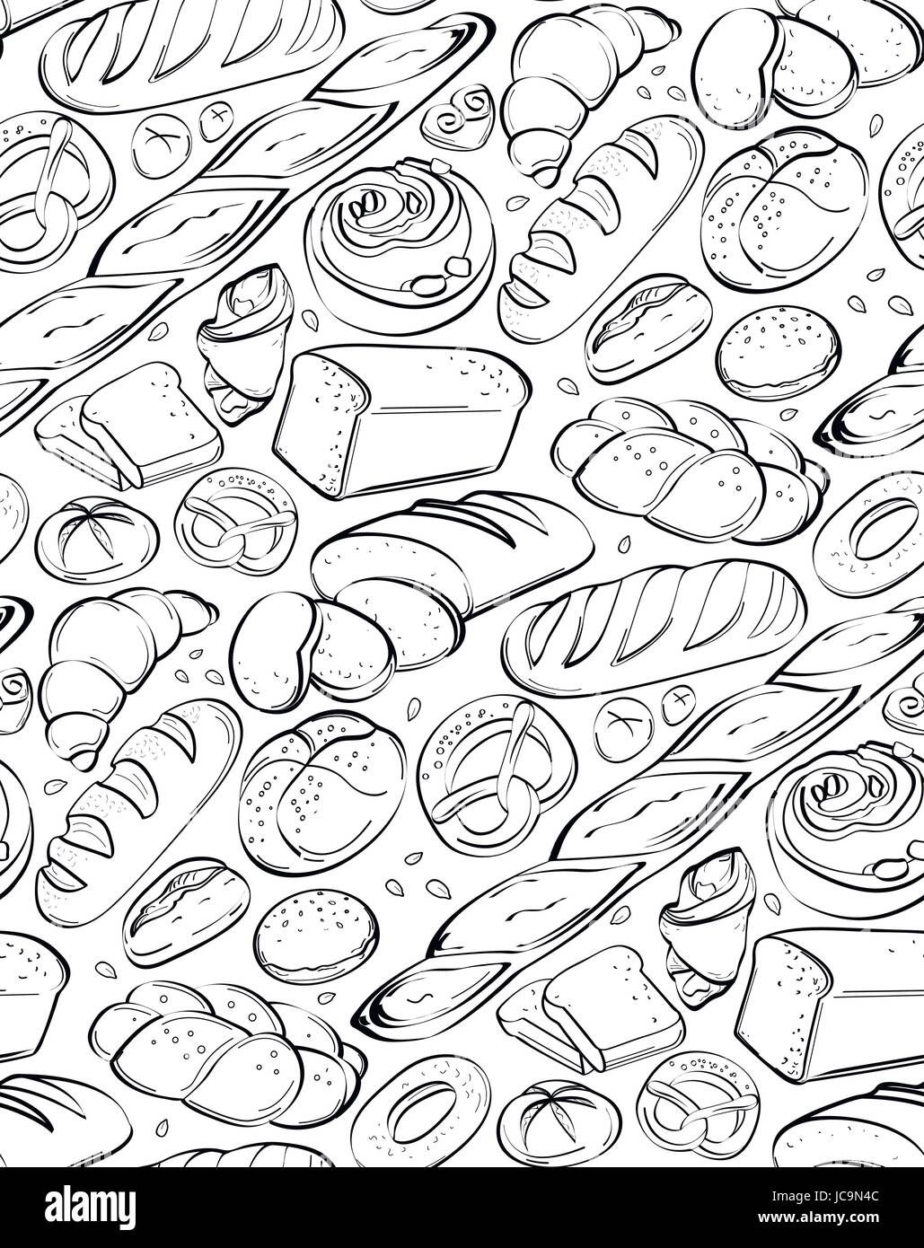 Modello di bella fresca e gustosa organici prodotti da forno, bagel, bagguets, focaccine, pane, croissant. Verticale perfetta illustrazione vettoriale. Black o Illustrazione Vettoriale