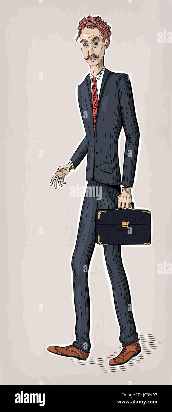 Gli uomini maleperson persone umane in tuta scarpe camicia cravatta tenere caso il sacchetto diplomat in mano andare è andato il lavoro business. Vector retro vintage close-up bella ver Illustrazione Vettoriale