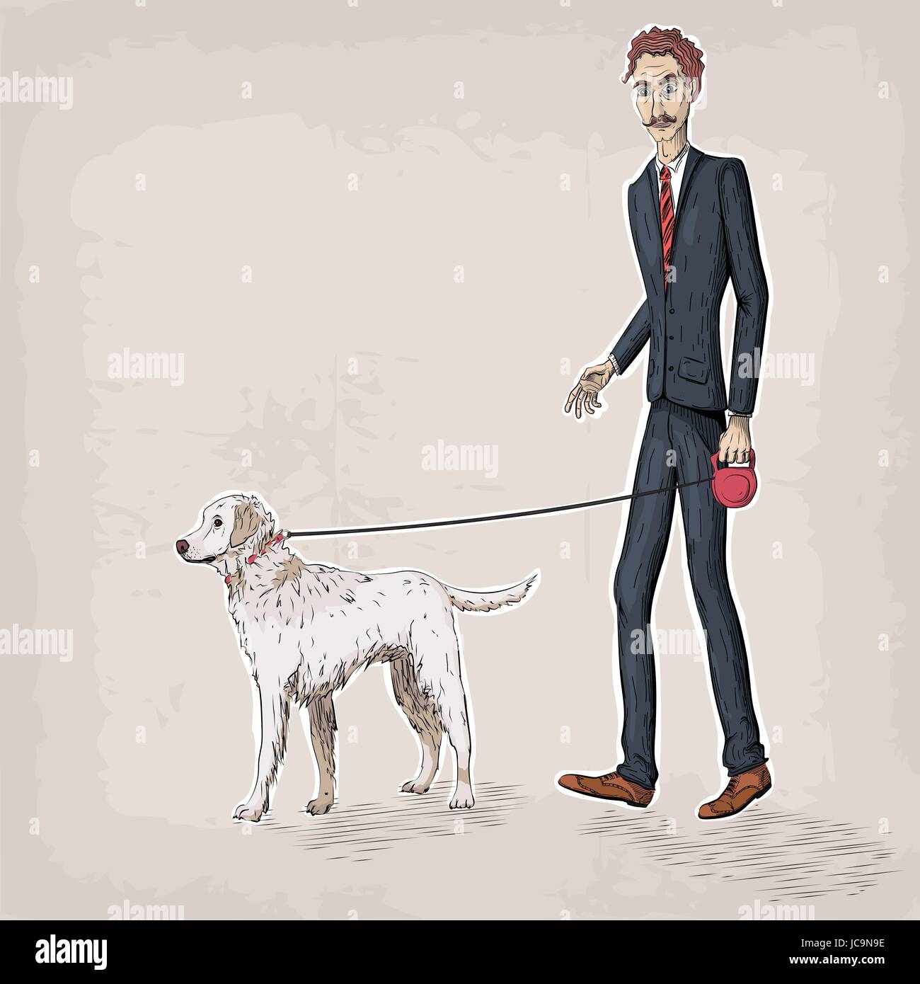 Gli uomini persona maschio persone umane tuta scarpe camicia cravatta tenere la mano a piedi un cane guinzaglio pet labrador razza vettore business retro vintage close-up un bellissimo Illustrazione Vettoriale