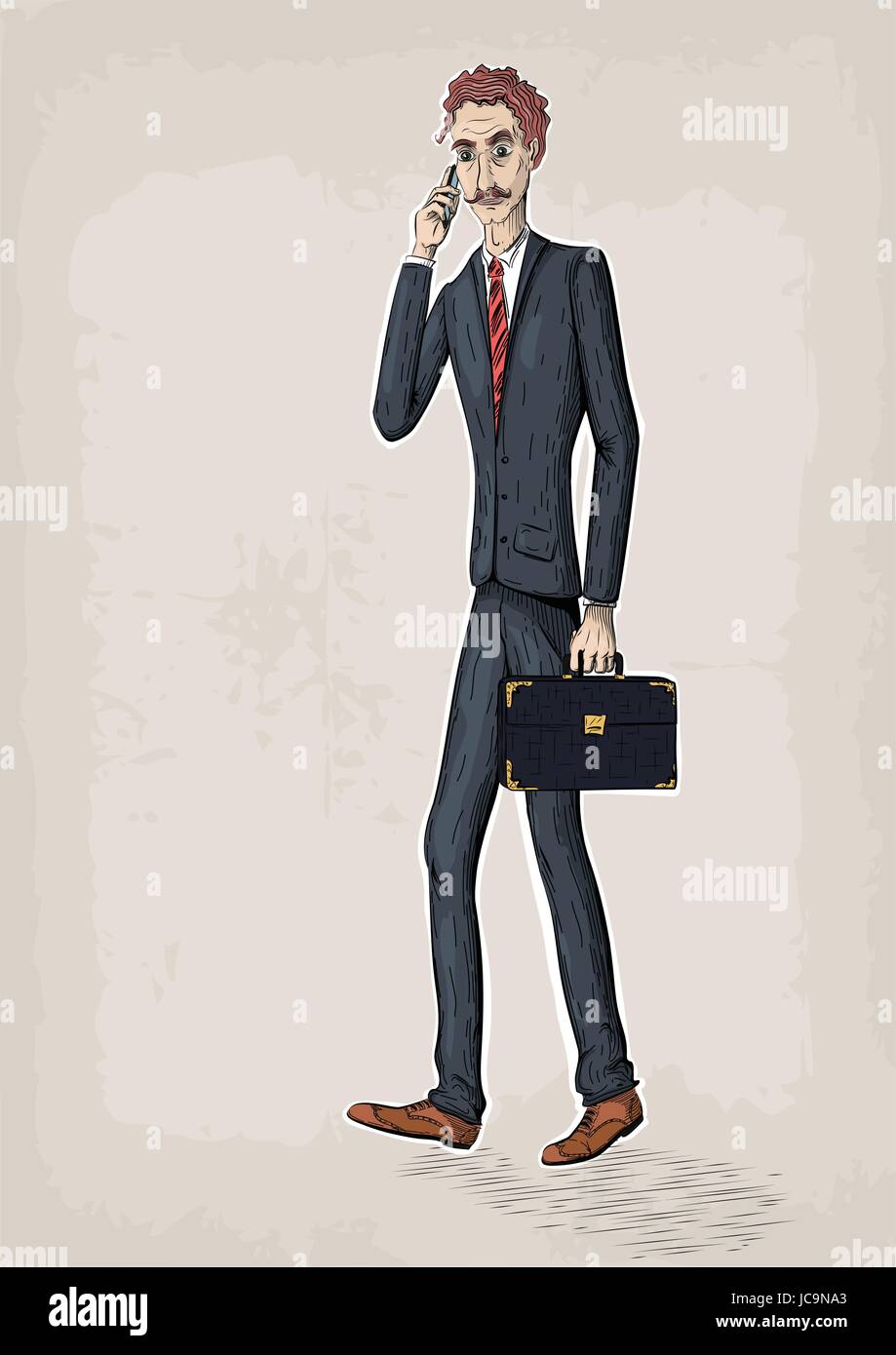 Gli uomini persona maschio persone umane tuta scarpe camicia cravatta tenere caso il sacchetto diplomat smartphone mano Dillo ad cellulare telefono cellulare andare lavoro vettore business retrò vi Illustrazione Vettoriale