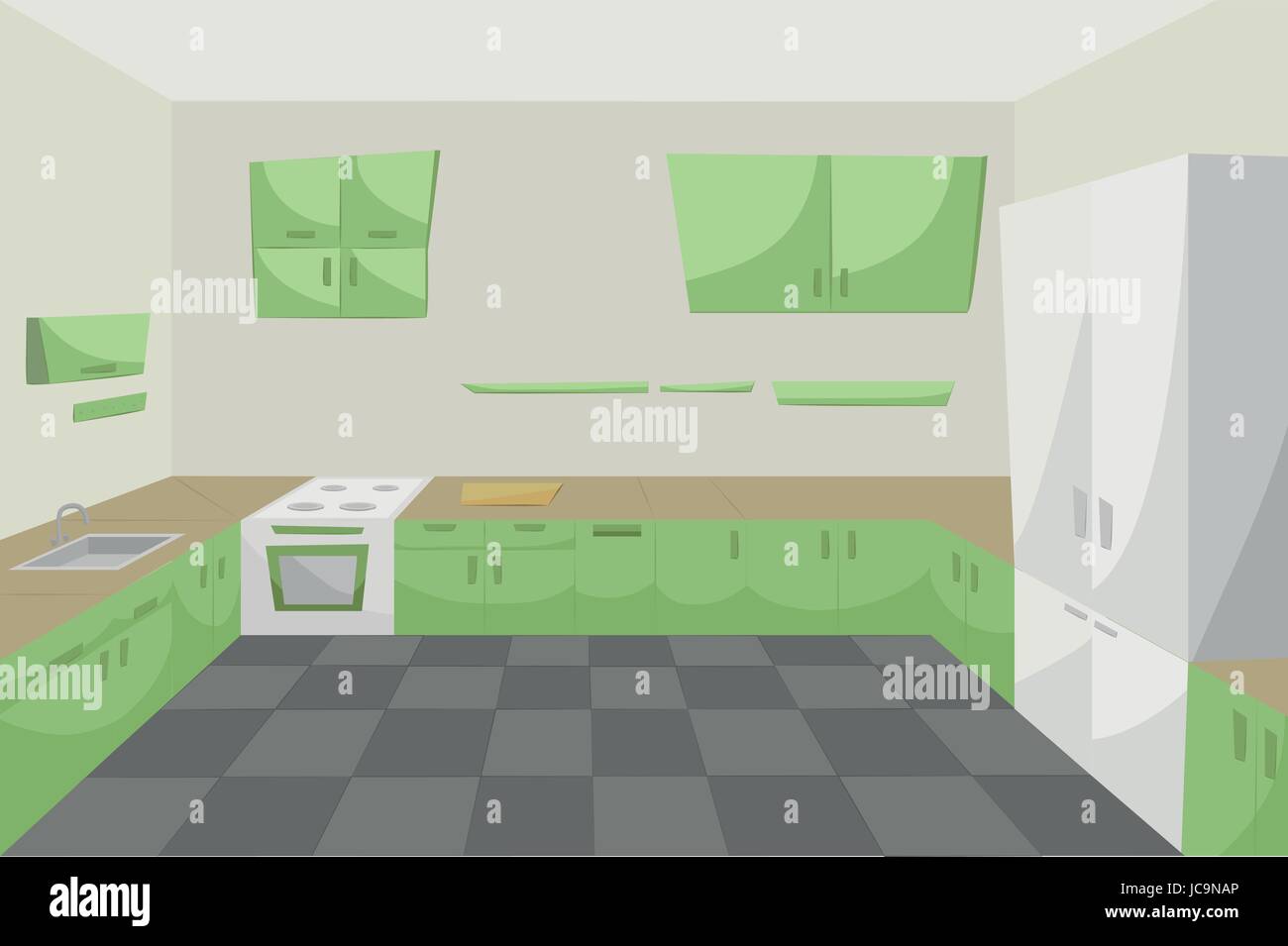 Camera con cucina all'interno di armadi moderni interni piano arredamento verde stufa armadietti dissipatore di vuoto pulita e di buona progettazione dei cartoni animati. Vettore di close-up bella orizz. Illustrazione Vettoriale