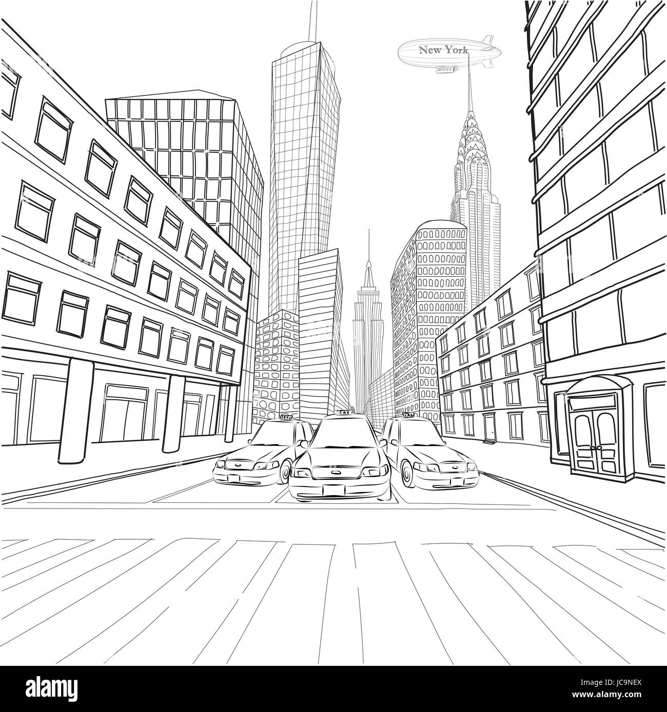 Londra New York edifici Empire State Chrysler Building panorama della città cityscape taxi auto auto street.Vettore close-up bella linea nera outline dr Illustrazione Vettoriale