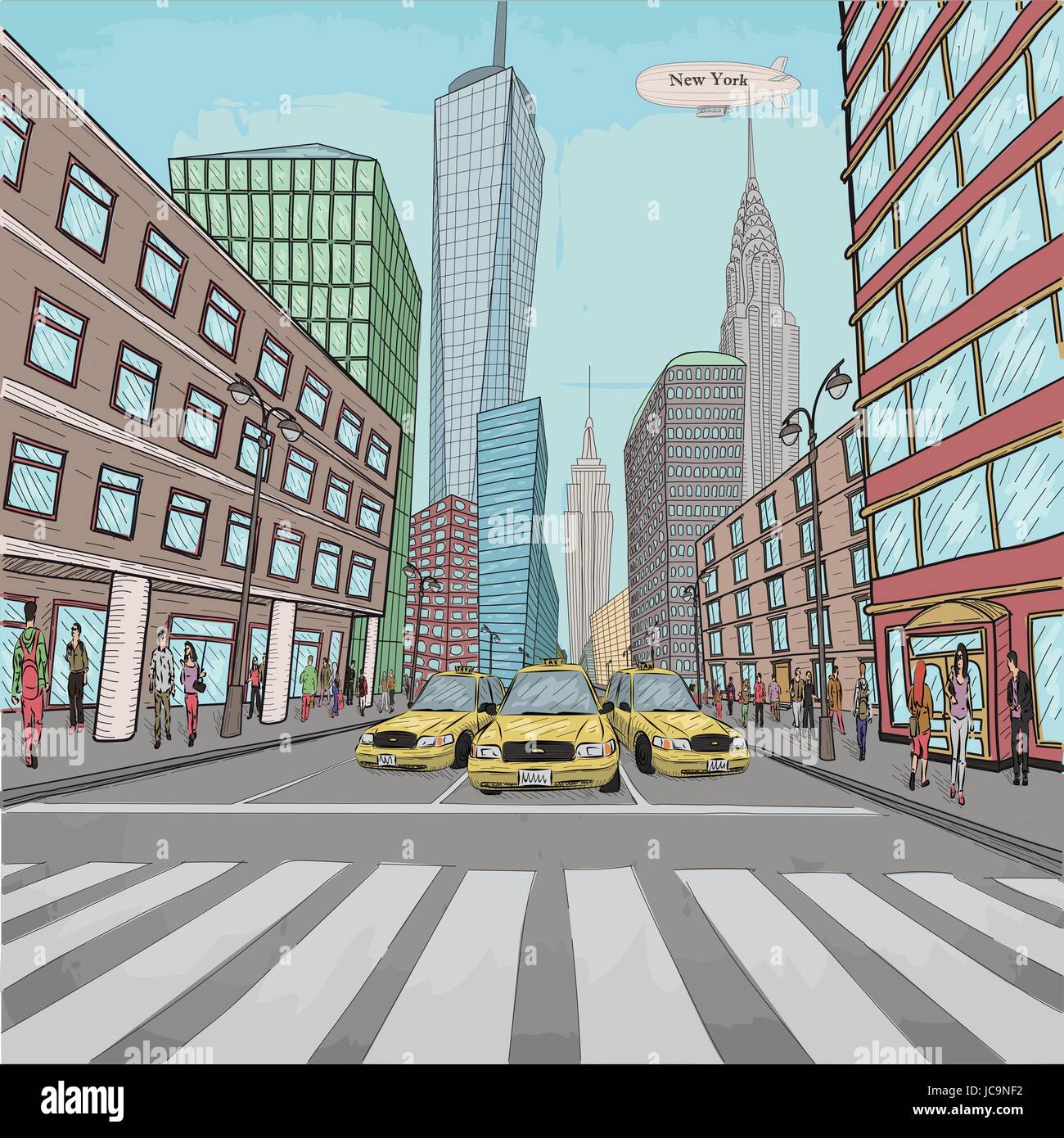 Londra New York Empire State Chrysler Building paesaggio cittadino taxi auto auto gente di strada camminando vettore closeup bella comics re colorati Illustrazione Vettoriale
