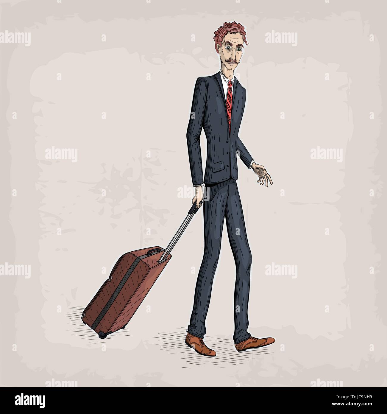 Gli uomini persona maschio persone umane in tuta scarpe camicia cravatta in attesa della custodia da viaggio borsa in mano business. Vector retro vintage close-up bella illustr verticale Illustrazione Vettoriale