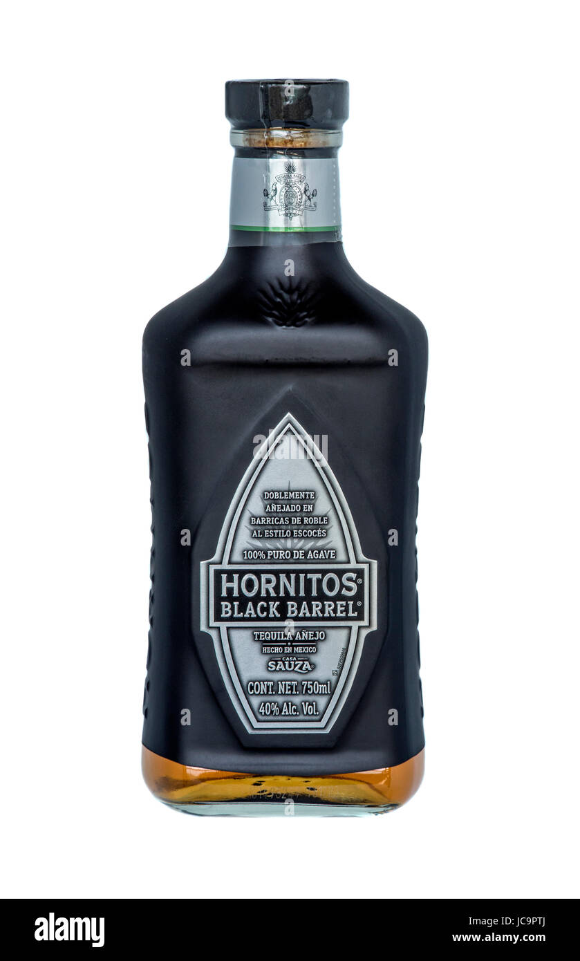 Gli Hornitos canna nero Tequila bottiglia Ritagliata su sfondo bianco Foto Stock