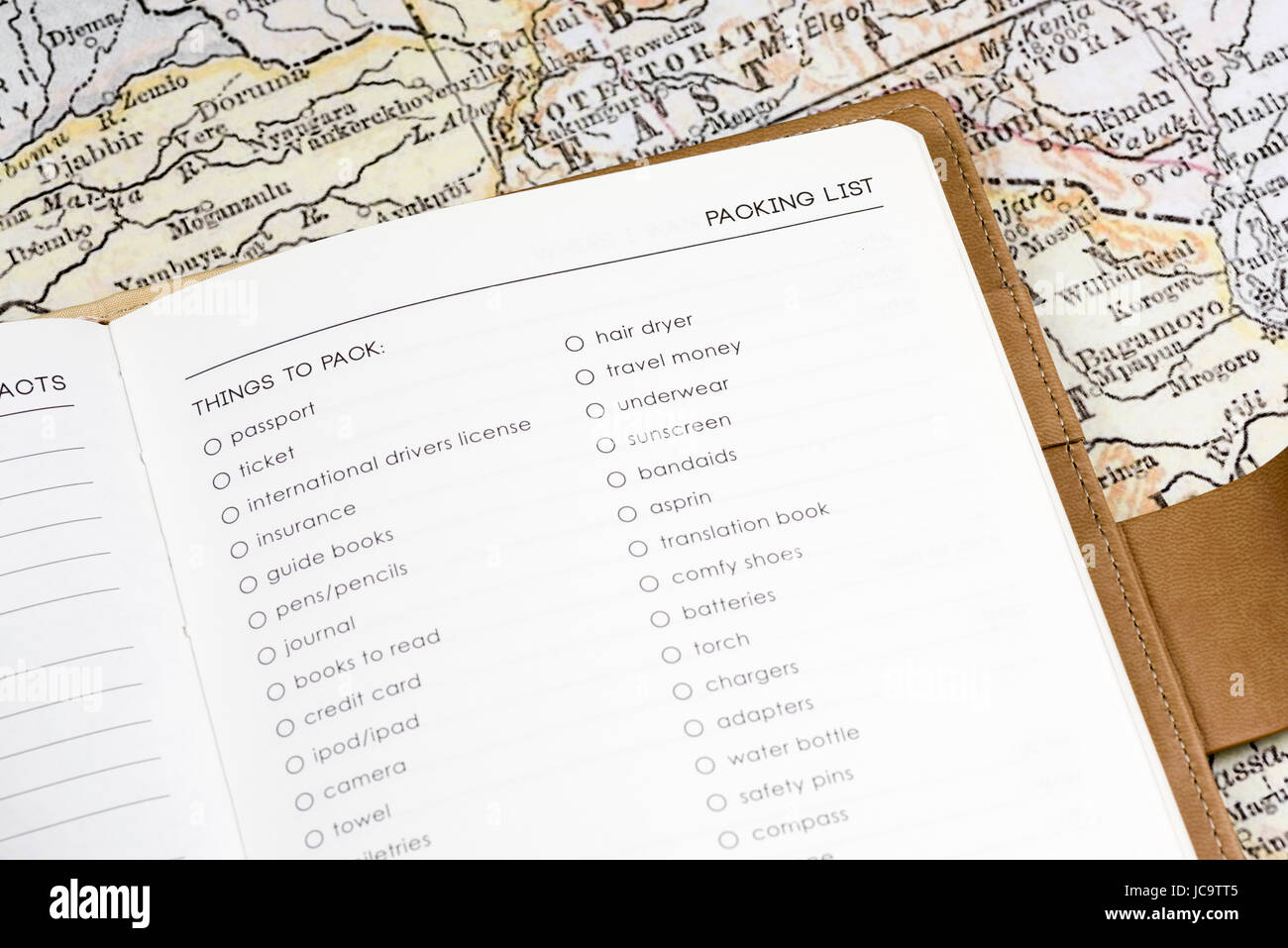 Una pagina di una bolla di un diario di viaggio con una mappa d'epoca sullo sfondo, che enfatizza le cose da mettere in valigia, incarnando l'essenza del concetto di viaggio Foto Stock