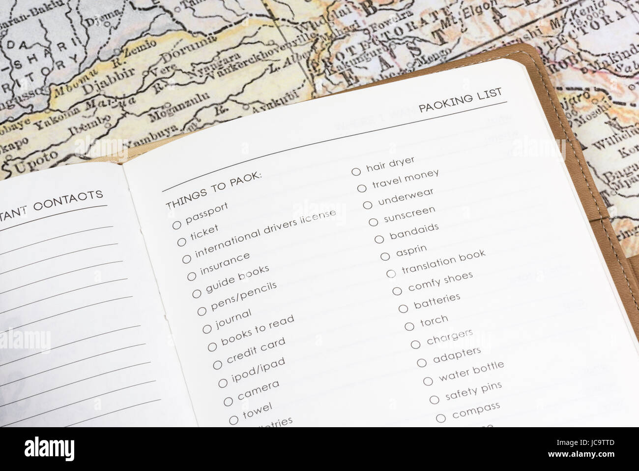 Una pagina di una bolla di un diario di viaggio con una mappa d'epoca sullo sfondo, che enfatizza le cose da mettere in valigia, incarnando l'essenza del concetto di viaggio Foto Stock