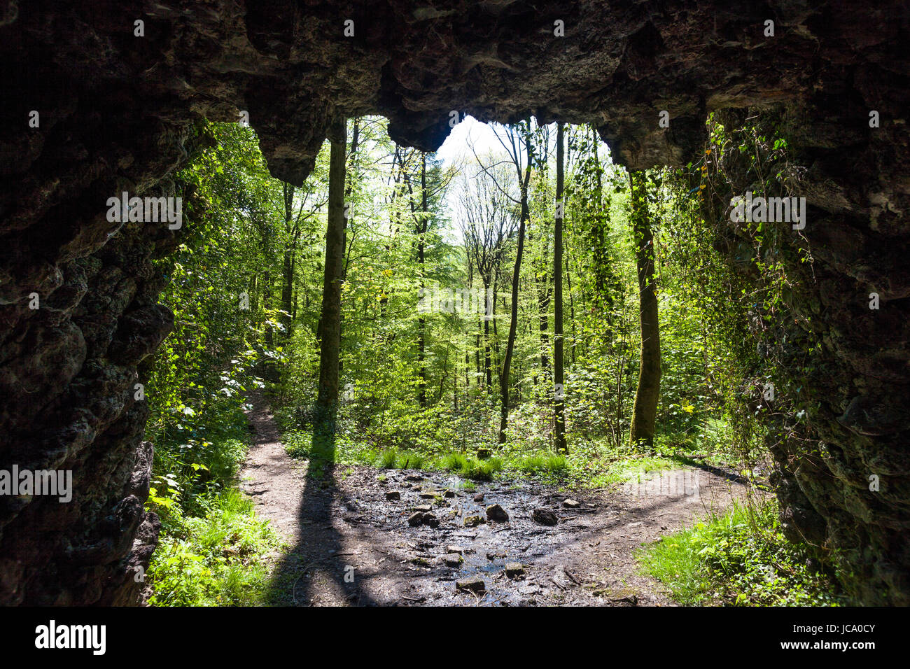 Germania, la zona della Ruhr, molla in una foresta all'Ruhrhoehenweg nel Ardey montagne vicino Wetter, la vista di una grotta. Foto Stock