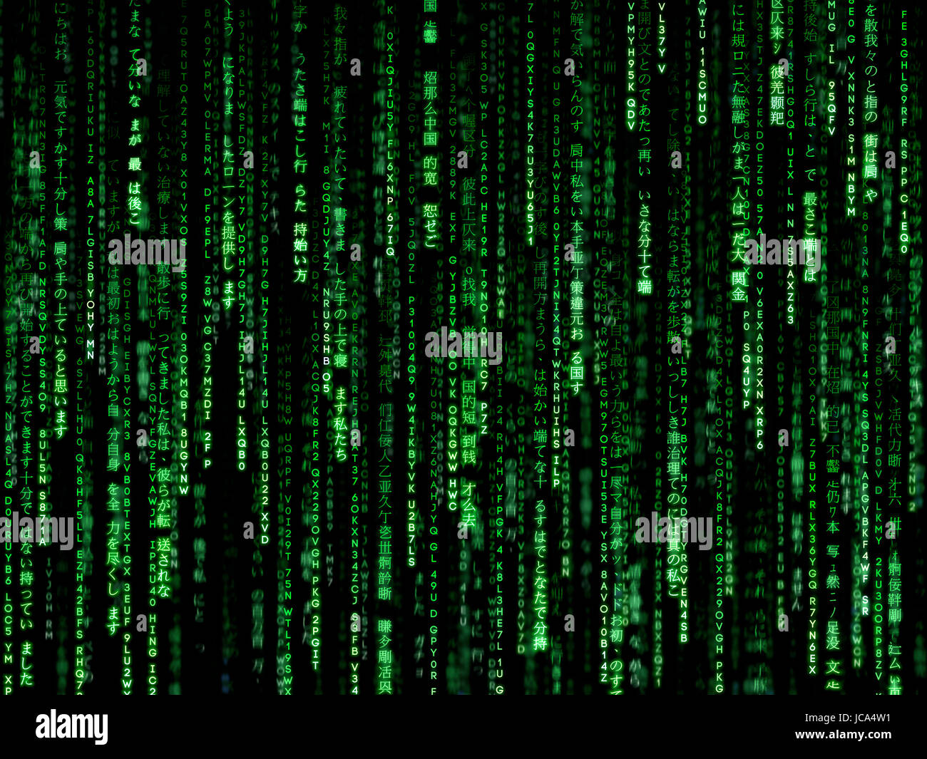 Verde i simboli di codice con flusso di effetto. Computer Science e il concetto di programmazione. Foto Stock