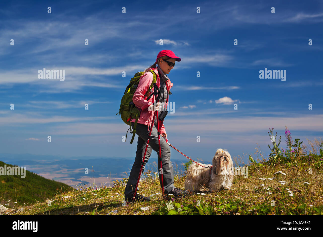 Giovane donna turistico con cane in viaggio per le montagne blu su sfondo cielo Foto Stock