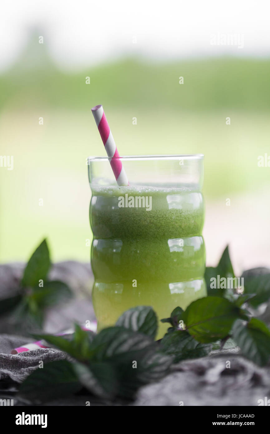 Verde con succo di frutta e verdure fresche Foto Stock