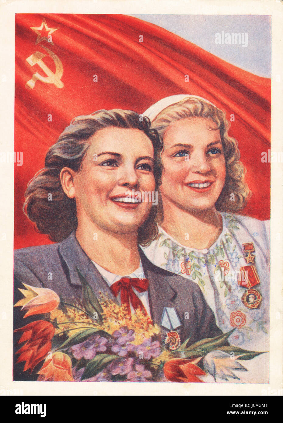 Vintage cartolina due sovietica felici le donne lavoratrici, circa 1960 Foto Stock