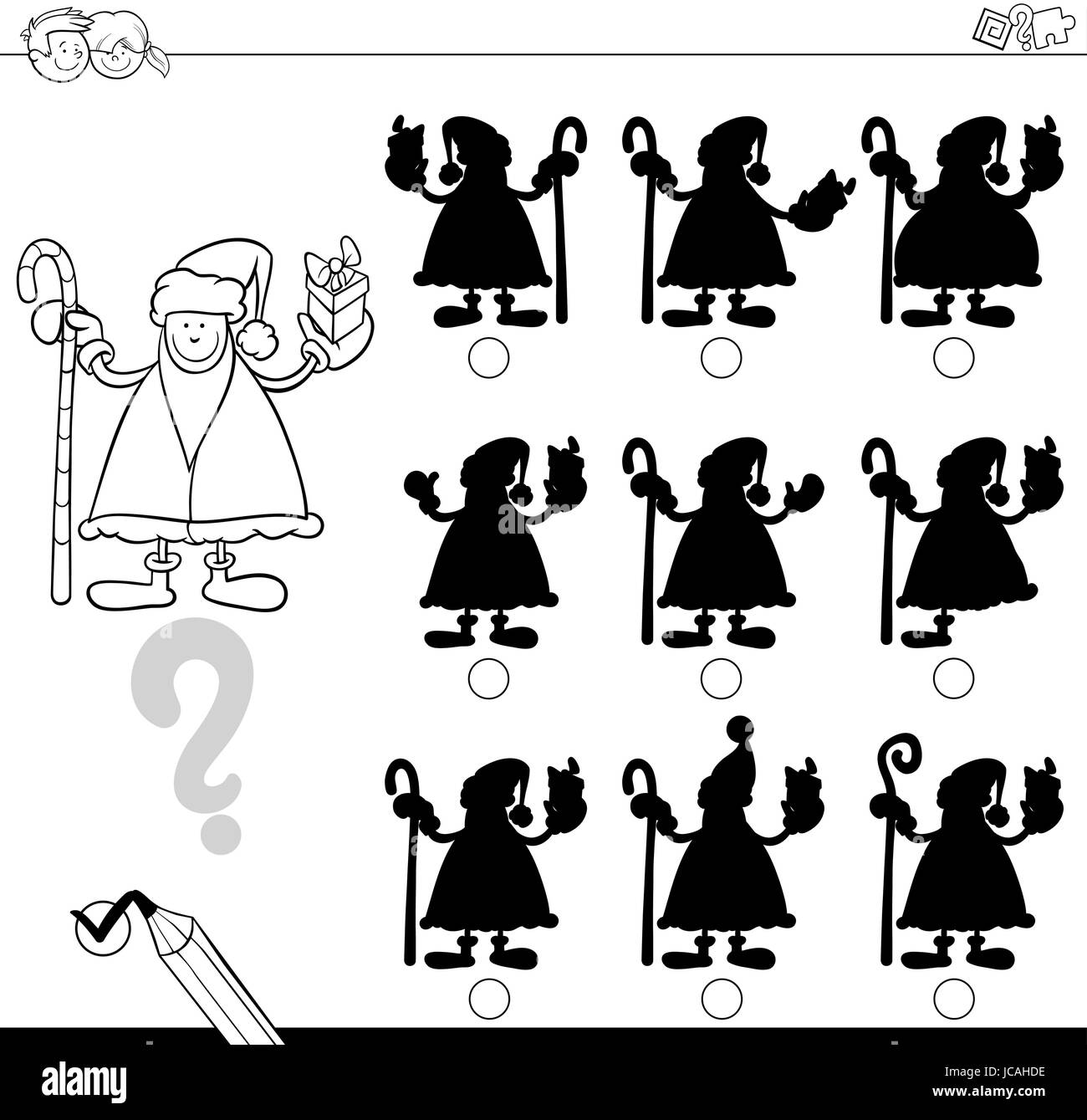 Bianco e Nero Cartoon illustrazione di trovare la giusta ombra attività educative per i bambini con il Natale di Santa Holiday Carattere nella pagina di colorazione Illustrazione Vettoriale