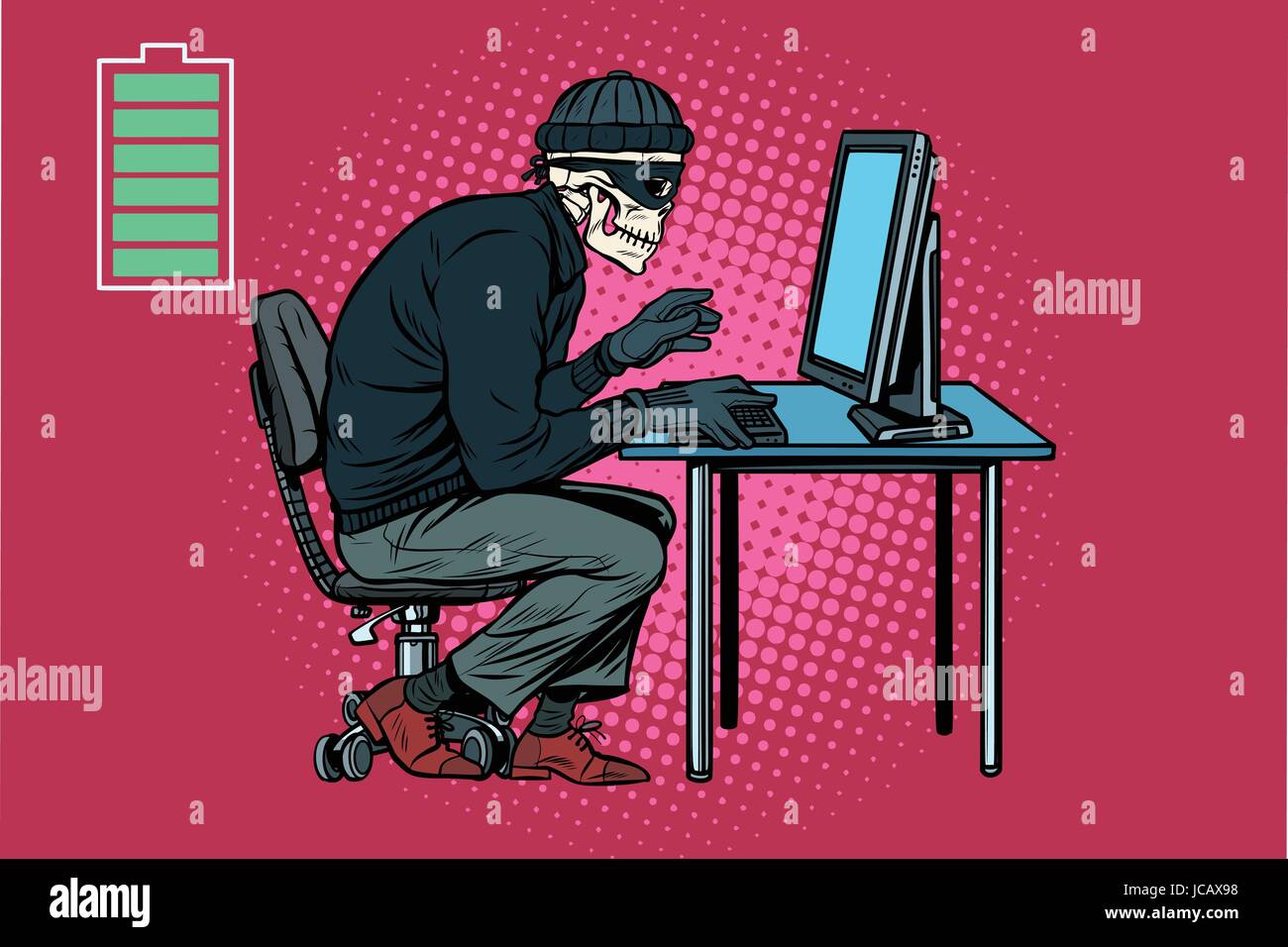 Scheletro morto hacker hacked computer. La Pop art retrò illustrazione vettoriale Illustrazione Vettoriale