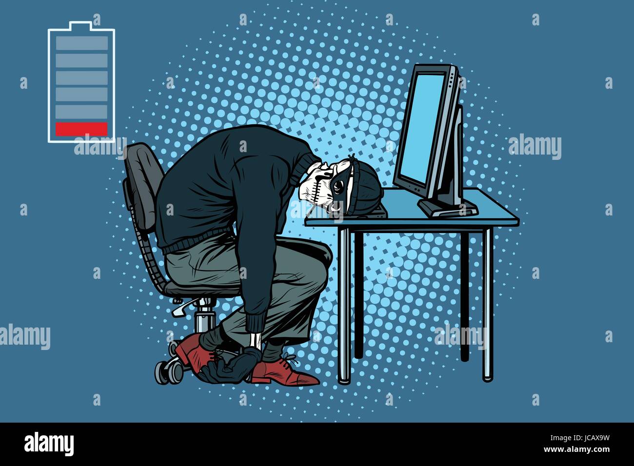 Morto scheletro hacker al computer. La Pop art retrò illustrazione vettoriale Illustrazione Vettoriale