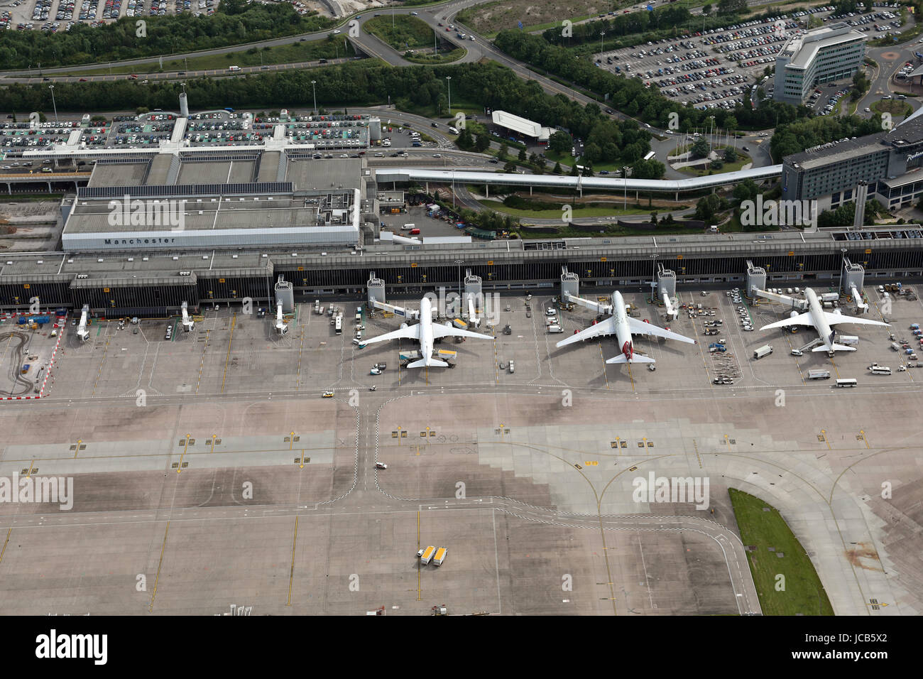 Vista aerea dell'aeroporto di Manchester, Regno Unito Foto Stock