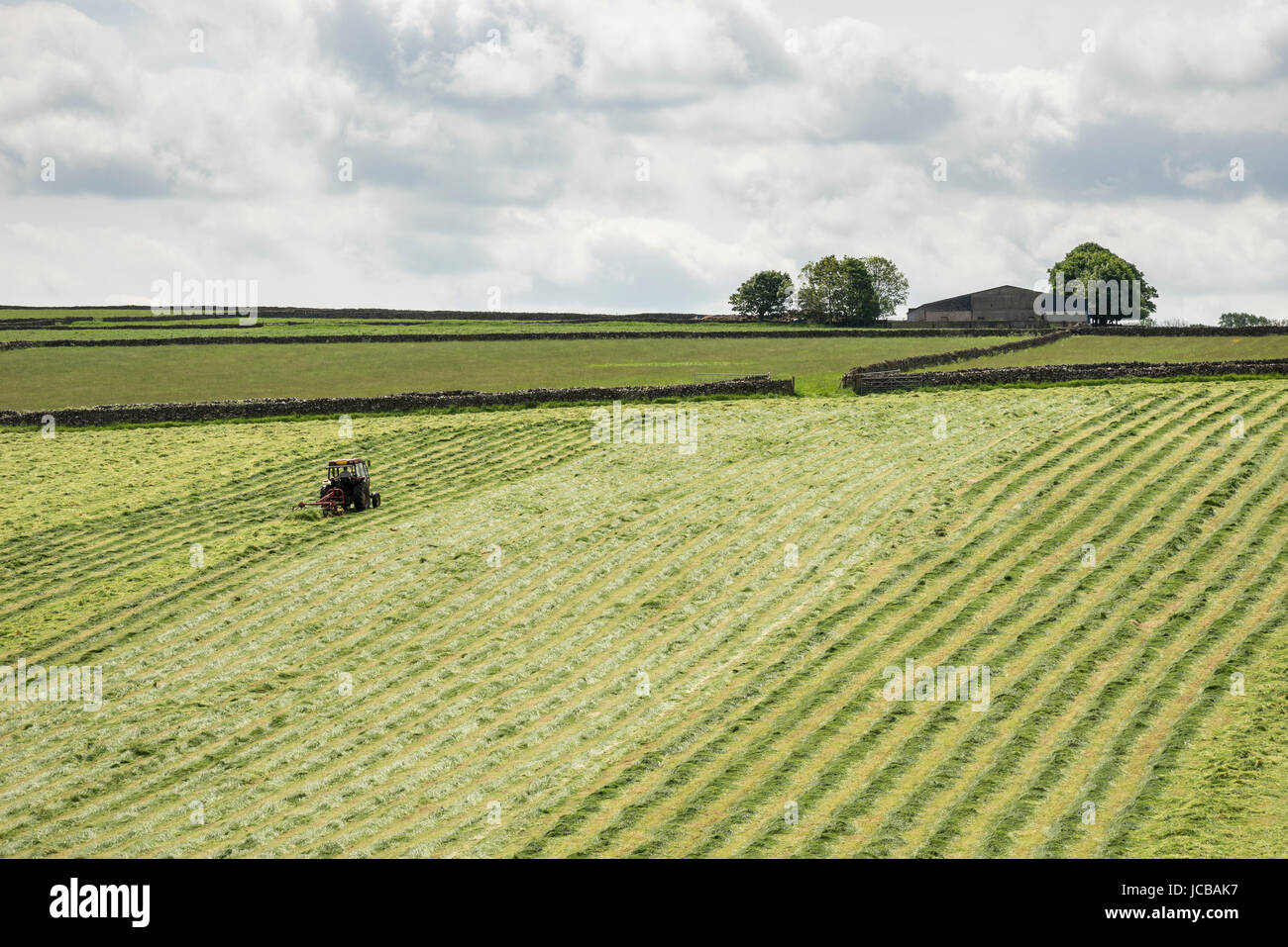 Il trattore in un prato di fieno nella campagna inglese nei pressi di Litton, Peak District, Derbyshire. Foto Stock
