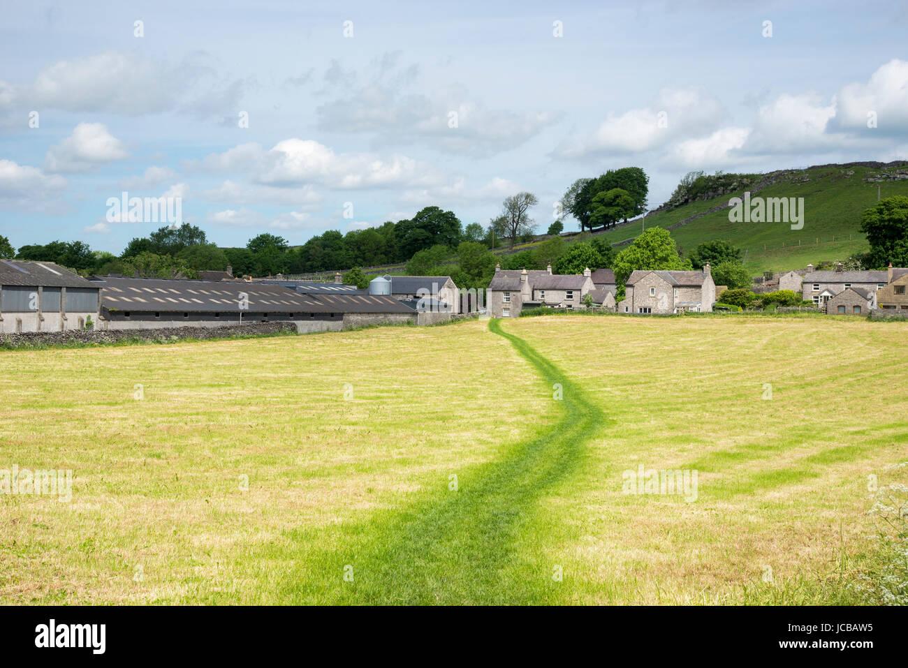 Percorso attraverso un campo falciato a Litton villaggio nel Peak District, Derbyshire, in Inghilterra. Foto Stock