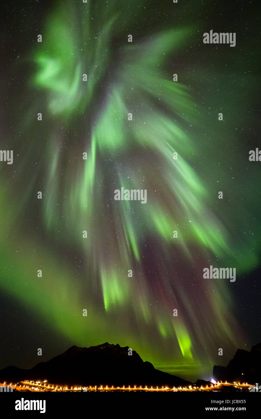 Aurora boreale o le luci del nord in movimento attraverso il cielo notturno entro il Circolo Polare Artico isola Kvaloya Troms Tromso Norvegia regione 2016 migliori Foto Stock
