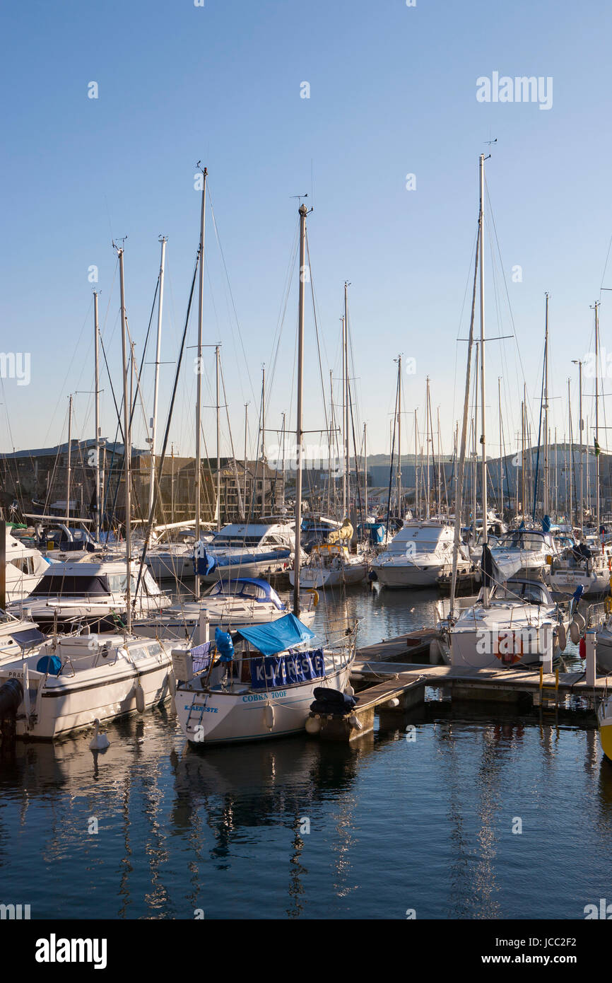 Barche ormeggiate ordinatamente in Sutton Harbour Marina al tramonto, il Barbican, Plymouth Devon, Inghilterra, Regno Unito Foto Stock