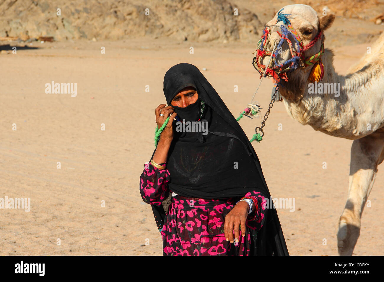 HURGHADA, Egitto - 24 Apr 2015: la vecchia donna-cameleer dal villaggio beduino nel deserto del Sahara con il suo cammello, Egitto, Hurghada il Apr 24, 2015. Foto Stock