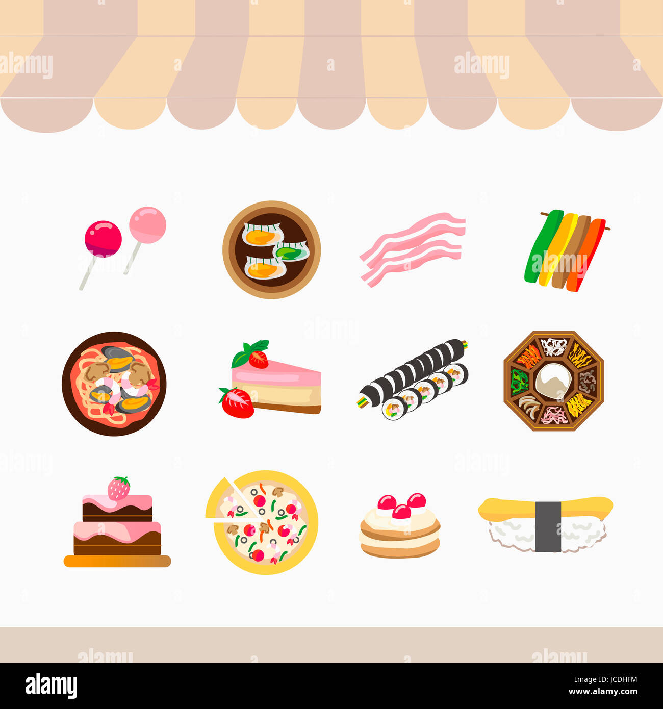 Il set di icone di vari prodotti alimentari Foto Stock