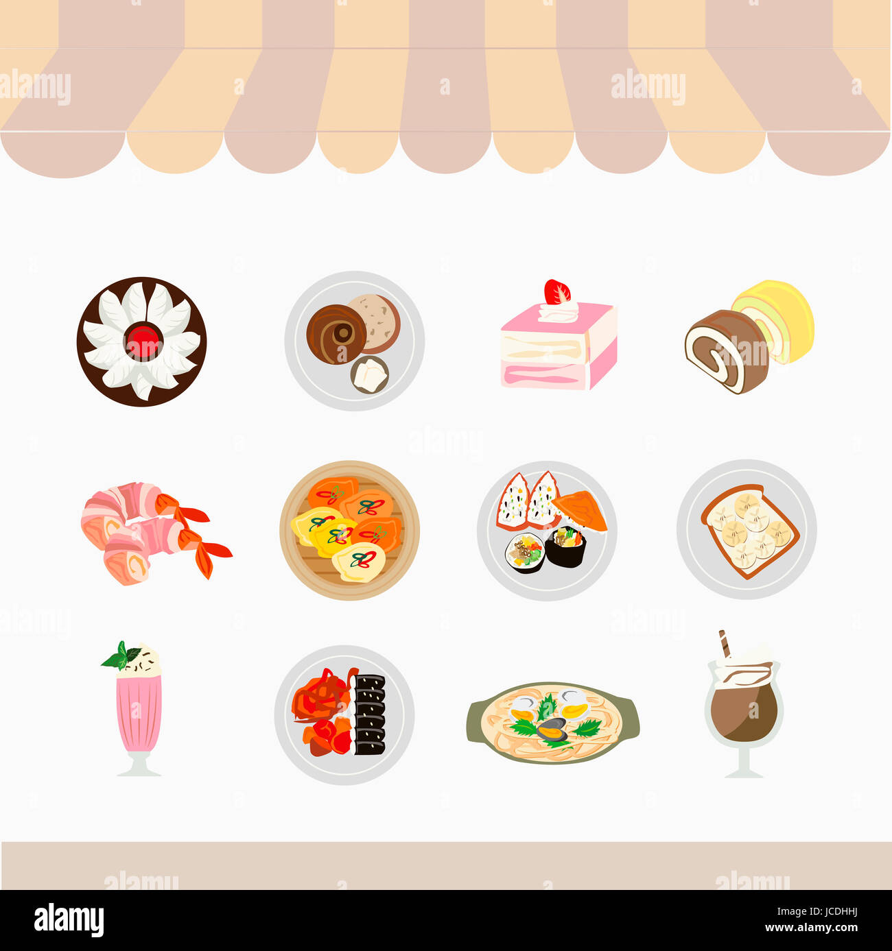 Il set di icone di vari prodotti alimentari Foto Stock