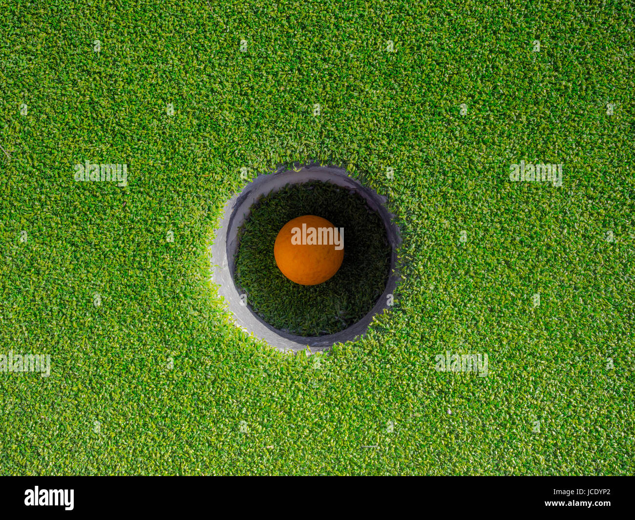 Pallina da golf nella buca a tazza su Un green Foto Stock