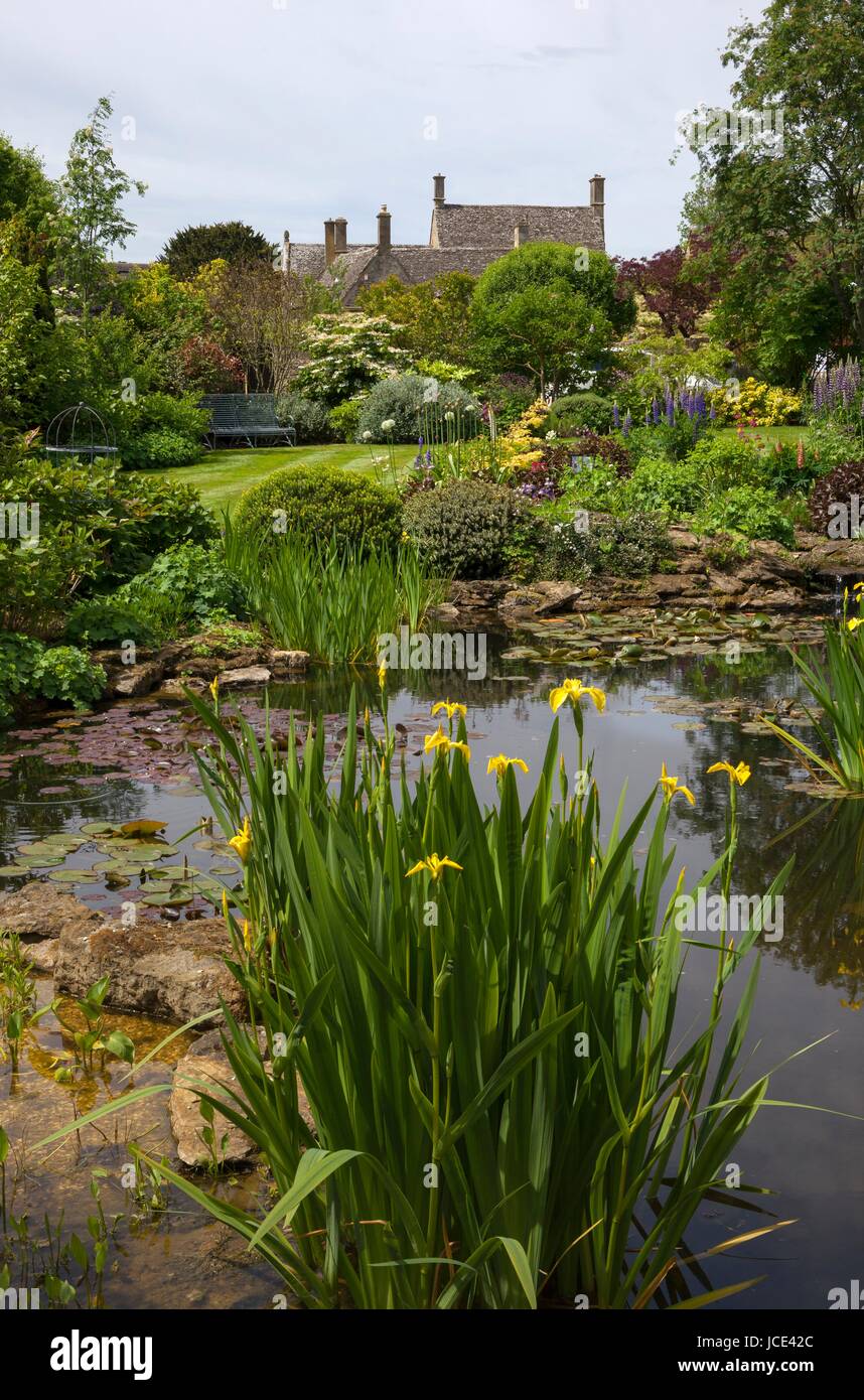 Cotswold cottage giardino con laghetto di fauna selvatica, Inghilterra Foto Stock